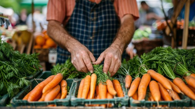 Landwirte auf dem Markt wählen mit den Händen frische Karotten von einem Gemüsestand aus