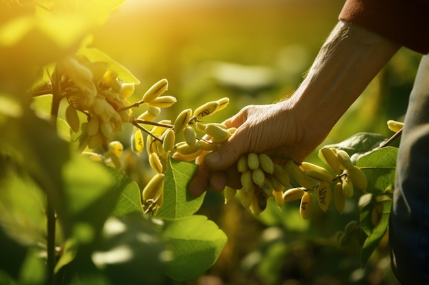 Landwirte ernten Sojabohnenbäume auf einer Sojabohnenfarm im Bokeh-Stil