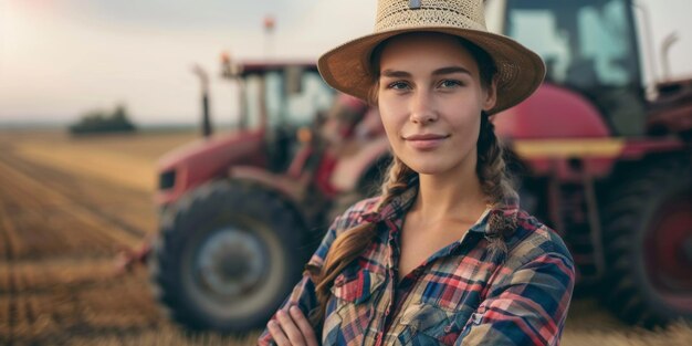 Landwirtin auf dem Hintergrund eines Traktors Generative KI