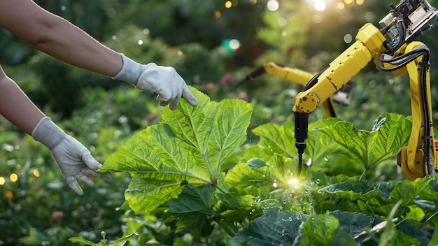 Landwirtschaft futuristisch Bestäubung von Gemüse mit Roboterautomatisierung Erkennung von Sprühchemikalien Blatt