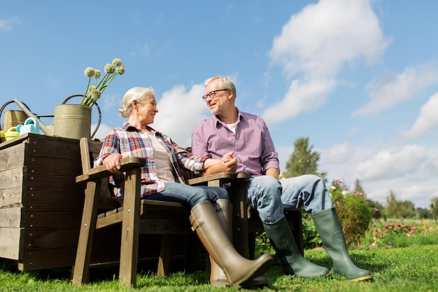Landwirtschaft, Gartenarbeit, Alter und Menschenkonzept - glückliches Seniorenpaar auf einer Sommerfarm