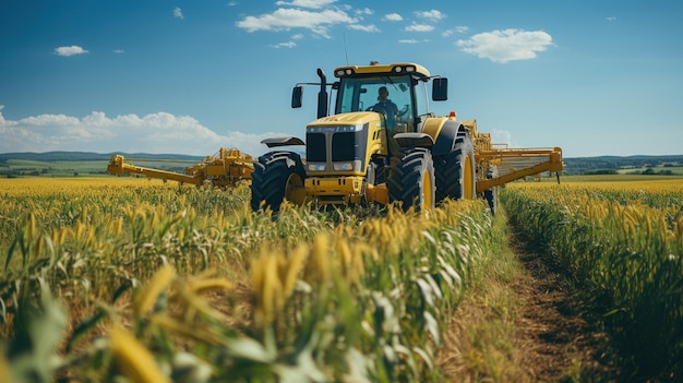 Landwirtschaft kümmert sich um die Ernte, ein Traktor düngt ein bewirtschaftetes landwirtschaftliches Feld