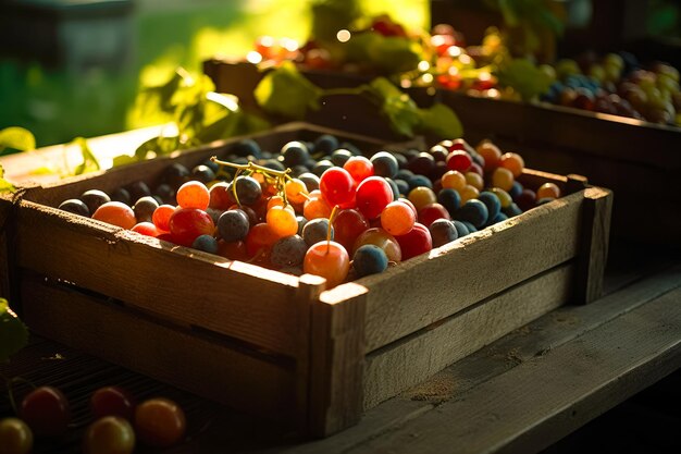 Foto landwirtschaft und erntekonzept mit frischen früchten in holzkisten bauernhof garten ai erzeugt