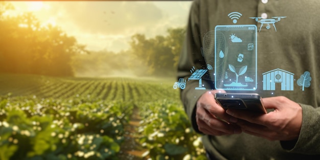 Foto landwirtschaft und moderne technologie landwirt, der intelligente landwirtschaftliche technologien mit ki verwendet