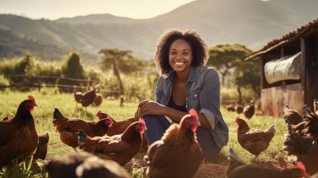 Landwirtschaft und schwarze Frau mit Hühner auf der Farm