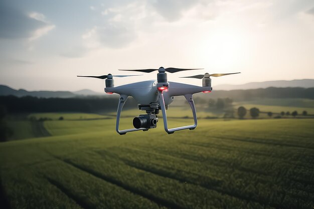 Landwirtschaftliche Drohne fliegt, um Dünger in Zuckermaisfeldern zu sprühen, Geländescantechnologie AI