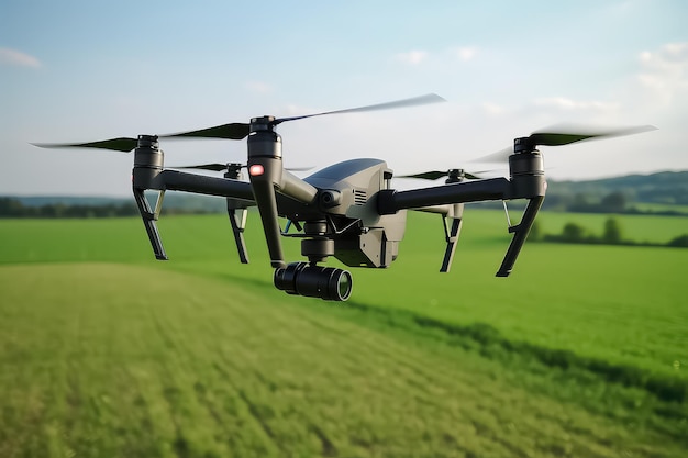 Landwirtschaftliche Drohne fliegt, um Dünger in Zuckermaisfeldern zu sprühen, Geländescantechnologie AI