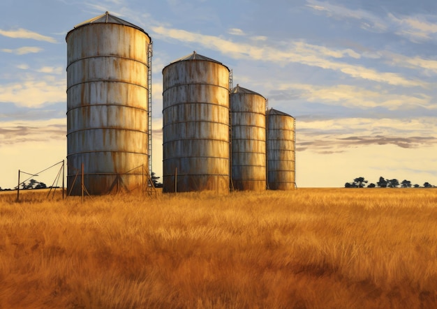 Landwirtschaftliche Getreidessilos auf dem Feld, Luftansicht