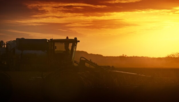 Foto landwirtschaftliche maschinen auf dem feld gegen den himmel bei sonnenuntergang