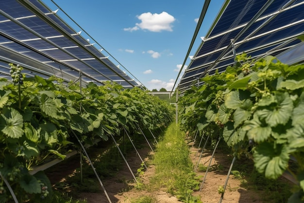 Landwirtschaftliche Pflanzen unter Sonnenkollektoren Öko-Landwirtschaft