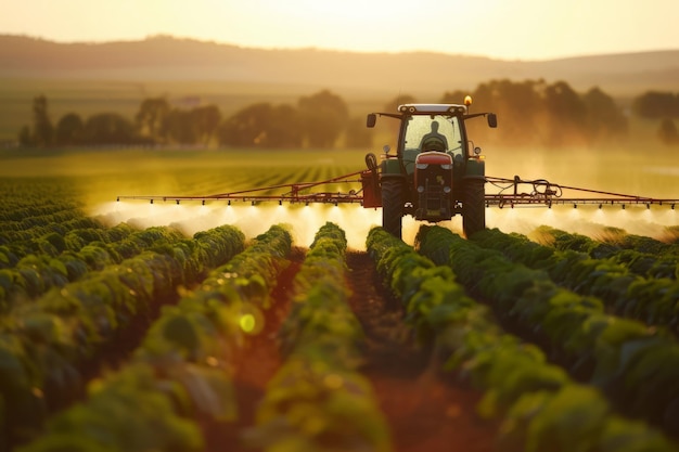 Landwirtschaftlicher Traktor, der Düngemittel oder Pestizide auf landwirtschaftliche Flächen besprüht