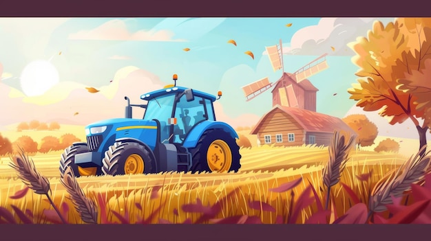Landwirtschaftliches Banner-Design mit einem blauen Traktor, der durch ein Herbstfeld fährt, gelbe Weizenfelder, Holzschuppen, Windmühlen, eine Sonne scheint hell am Himmel, umgeben von Wolken