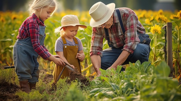 Landwirtschaftliches Erbe Ein fotorealistisches Bild eines Mannes und zweier Kinder in einem Sonnenblumenfeld