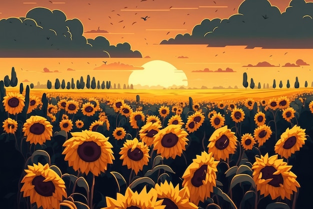 Landwirtschaftliches Feld mit gelben Sonnenblumen gegen den Himmel mit Wolken Goldener Sonnenuntergang