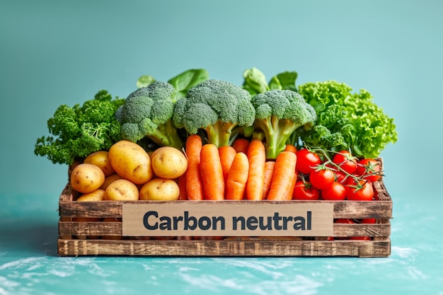 Landwirtschaftliches Gemüse in einer Holzkiste mit Etikett mit der Aufschrift "Kohlenstoffneutral"