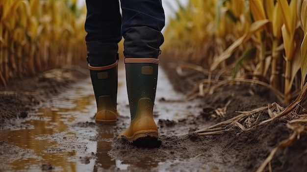 Landwirtschaftsbauer in Gummistiefeln gehen mit generativer KI-Technologie durch ein Weizenmaisfeld