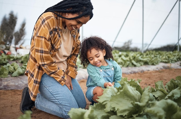 Landwirtschaftsbetrieb und Mutter mit Mädchen im Gewächshausgarten, um das Pflanzenwachstum zu überprüfen Schwarzes Familien-Agro-Lernen und Pflege der Mutter, die mit dem Kind auf dem Feld lacht, um Erntelandwirtschaft oder Nachhaltigkeit zu erreichen
