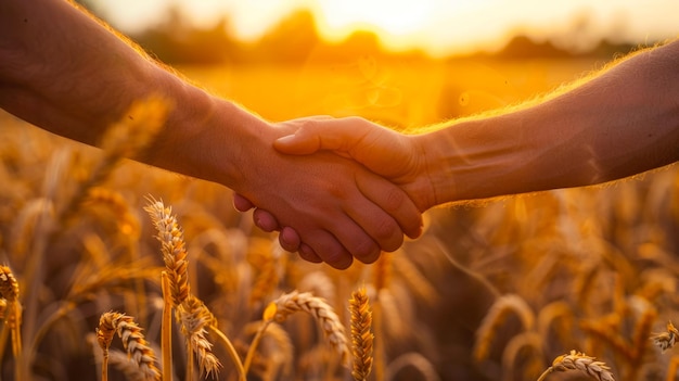 Landwirtschaftsgeschäft Handschlag auf dem goldenen WeizenfeldDas Agrarabkommen inmitten der Ernte