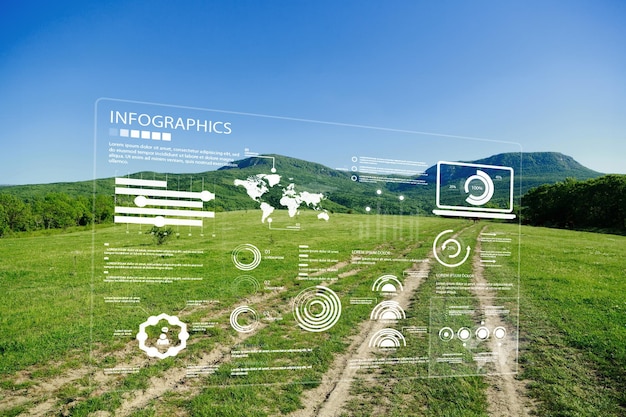 Landwirtschaftskonzept der künstlichen Intelligenz, Bauernhoffeld und KI-Illustration