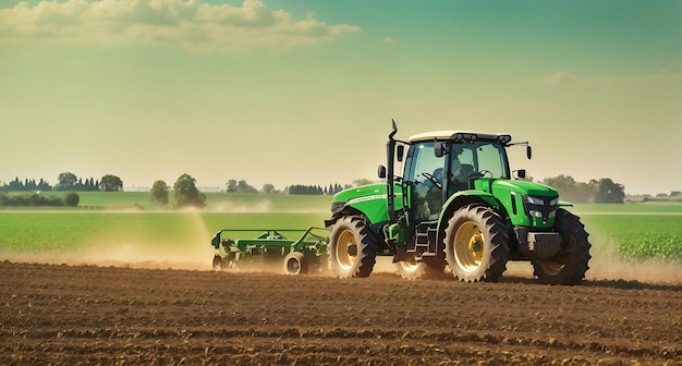 Foto landwirtschaftsmaschine mit traktor auf feldern