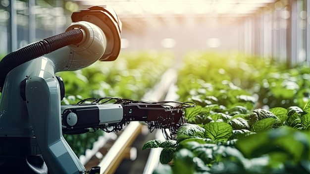 Landwirtschaftsroboter arbeiten in Smart Farm. Zukunftstechnologie mit intelligentem Landwirtschaftskonzept