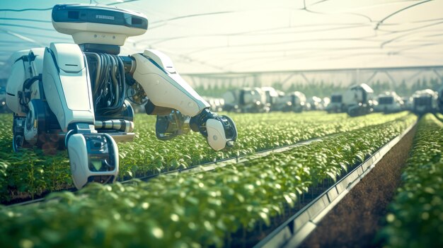 Foto landwirtschaftsroboter arbeitet im gemüsegarten intelligentes landwirtschaftskonzept