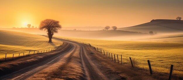 Landwirtschaftsstraße, die sich durch eine neblige Landschaft schlängelt, Felder, Wiesen, Sonnenlicht, orange-gelbe Sonne bei Sonnenaufgang