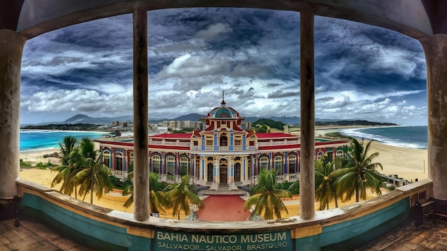 Lange Aufnahme des Bahia Nautico Museums in Salvdor, Brasilien, unter wolkigen blauen Himmeln