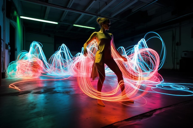 Foto lange belichtungsspuren, die eine tanztruppe einfangen, die eine choreographie probiert generative ki