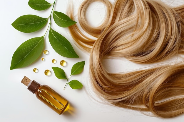 Lange blonde Haare fließen neben einer Flasche Haaröl mit Tropfen und grünen Blättern auf einem weißen Hintergrund