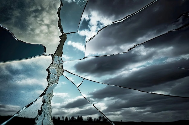 Lange dünne Risse auf Glas vor dem Hintergrund des bewölkten Himmels