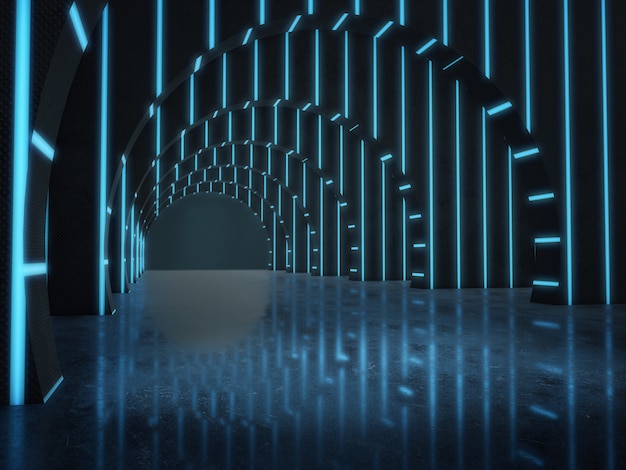 Lange dunkle Tunnelstruktur mit leuchtenden Lichtern.