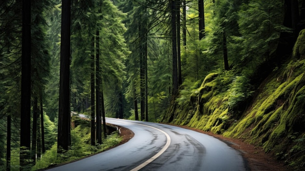 Lange kurvenreiche Waldstraße in den Alpen