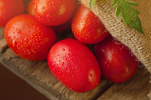 Lange Pflaumentomaten auf Holztisch. Haufen frischer Tomaten im Leinensack auf Holztisch. Naturproduktkonzept.