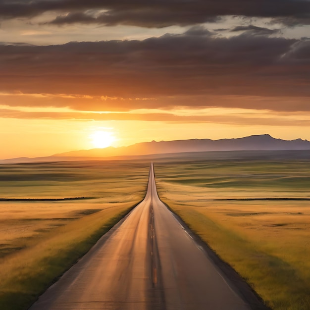 Lange Straße im Südwesten bei Sonnenuntergang, umgeben von grasbewachsenen Feldern AI