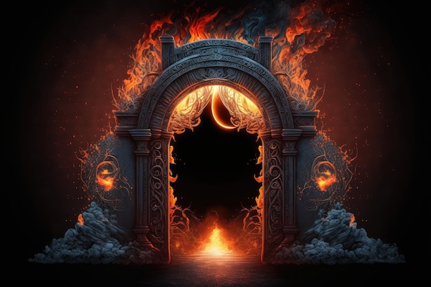 Langer geschmückter Bogen mit brennenden Flammen als Tor zur Hölle