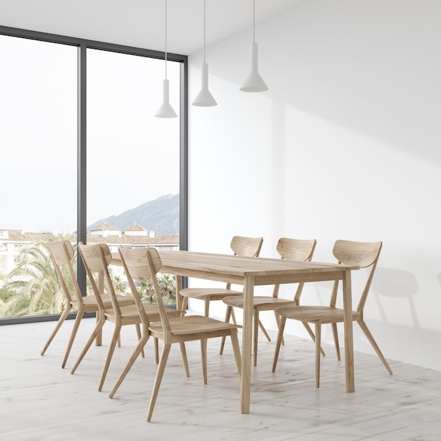 Langer hölzerner Esstisch mit Holzstühlen, der in einer leeren weißen Raumecke steht. 3D-Rendering-Attrappe