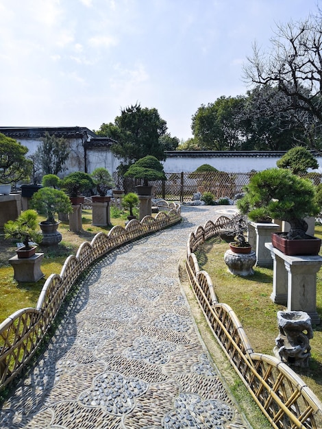 Langer Korridor klassischer chinesischer Gartengebäude Aufgenommen im Zhuozhengyuan-Park Der Park ist einer der klassischen chinesischen Gärten in der Stadt Suzhou