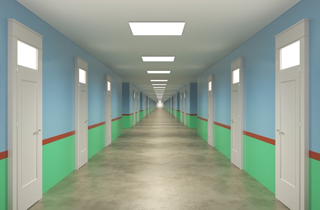 langer Korridor mit Türen Innenvisualisierung 3D-Darstellung