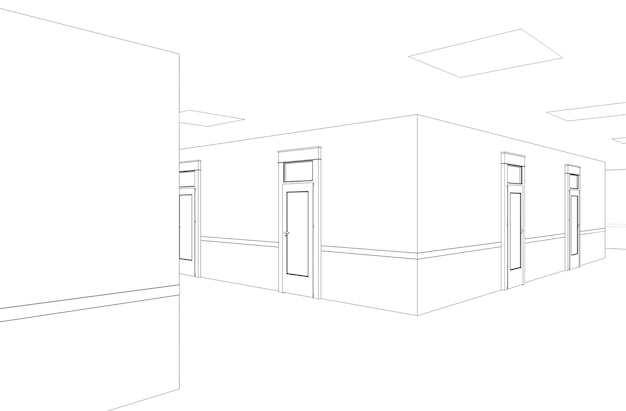 Langer Korridor mit Türenkonturvisualisierung 3D-Illustrationsskizzenumriss