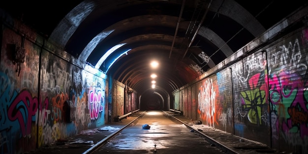 Langer leerer Tunnel mit Graffiti an der Wand Helle Graffiti in einem unterirdischen Tunnel Generative KI