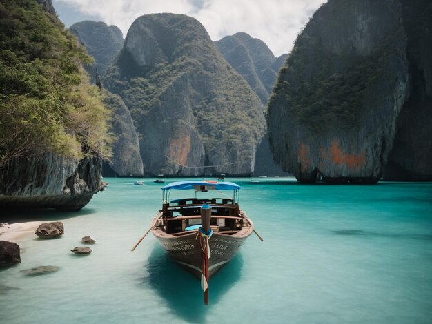 Langes Boot und blaues Wasser in der Maya-Bucht auf der Insel Phi Phi Krabi Thailand