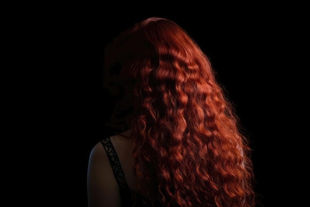Langes rotes lockiges Haar, Rückansicht auf schwarzem Hintergrund, generative KI