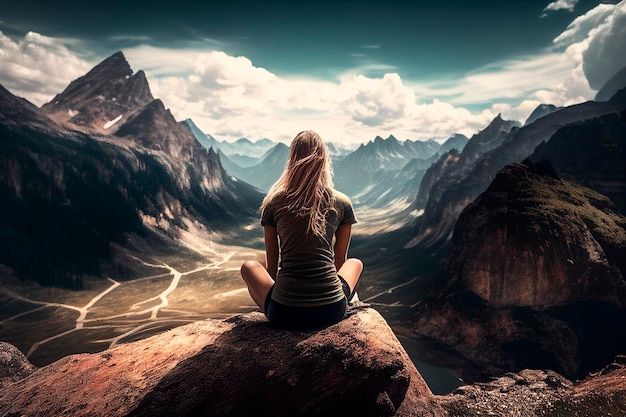 Langhaarige blonde Wanderin in Wanderkleidung, die auf einem Felsen sitzt und Berge betrachtet