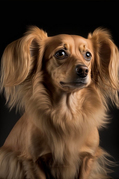 Langhaariger Hund sitzt vor schwarzem Hintergrund