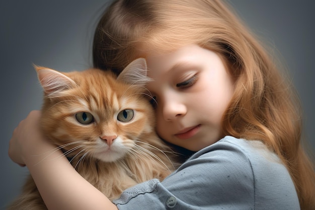 Langhaariges schönes kaukasisches kleines Mädchen umarmt eine flauschige Gingerkatze auf grauem Hintergrund