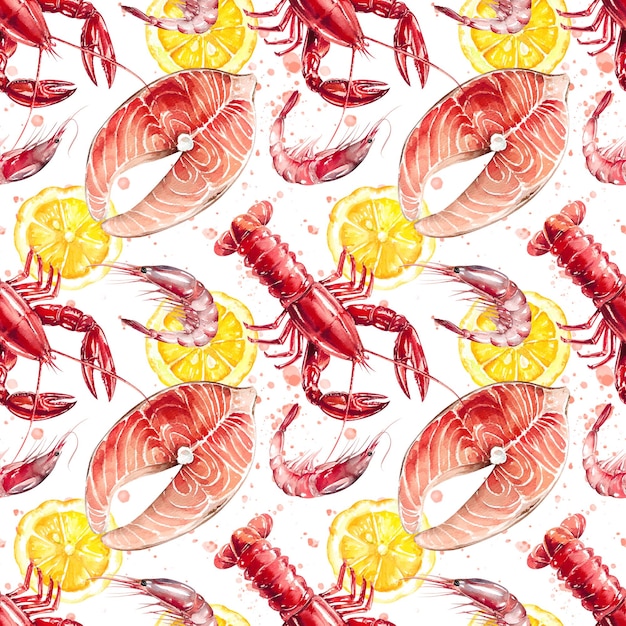 Langosta bistec de pescado rojo camarón limón acuarela patrón sin costuras aislado sobre fondo blanco