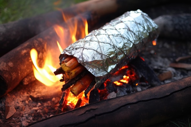 Langosta envuelta en papel de aluminio cocinada en brasas de fogata creada con inteligencia artificial generativa