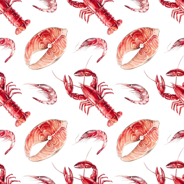 Langosta filete de pescado rojo camarón acuarela patrón sin costuras aislado en fondo blanco