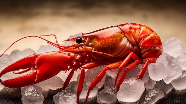 Una langosta se sienta en cubos de hielo.